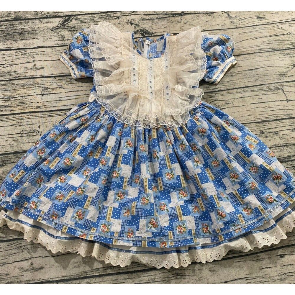 Vtg Kid Girl Full Circle Twirl Bib Dress Sz 10 (see msrmnts) Blue Floral Pattern